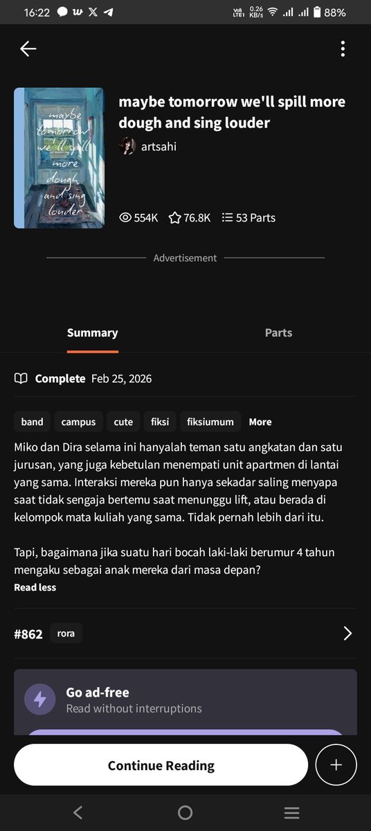 archive_libii0's tweet photo. BACA GUYS!! ini plotnya menarik bgtt, tentang anak kecil yang timetravel ke kehidupan orangtua pas kuliah, trus nnti ini main characternya papa mama dia. suka bgt sm cara nulis authornya yg rapih  jadi kyk nyaman aja gtu bacanya also it feels so warm pas baca https://t.co/Y3Ny6udCWW