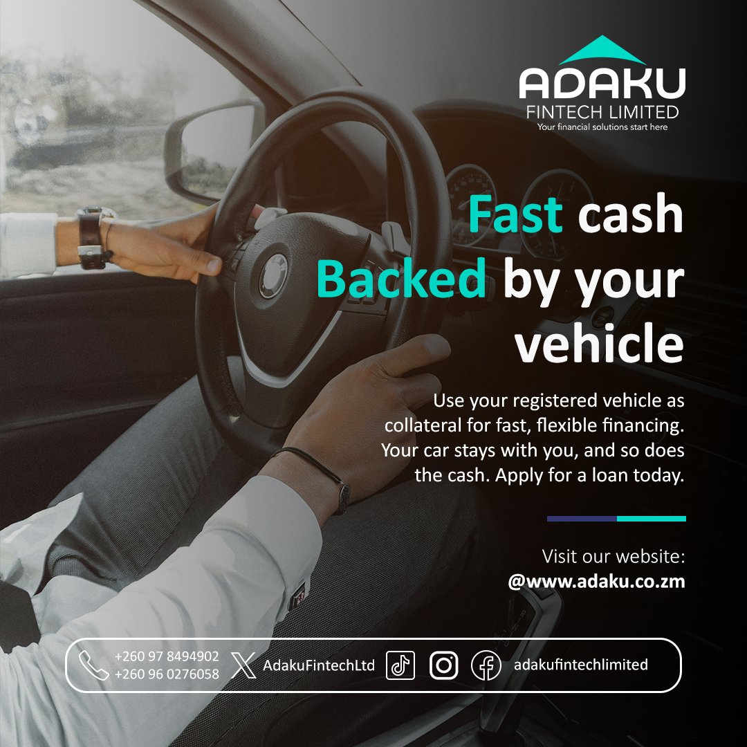 AdakuFintechLtd's tweet image. Your car. Your collateral. Your cash. Use your registered vehicle to access fast, flexible financing with Adaku and keep driving while you repay. Fast approval. Real results.

Apply now at adaku.co.zm

#foryou #loan #adaku