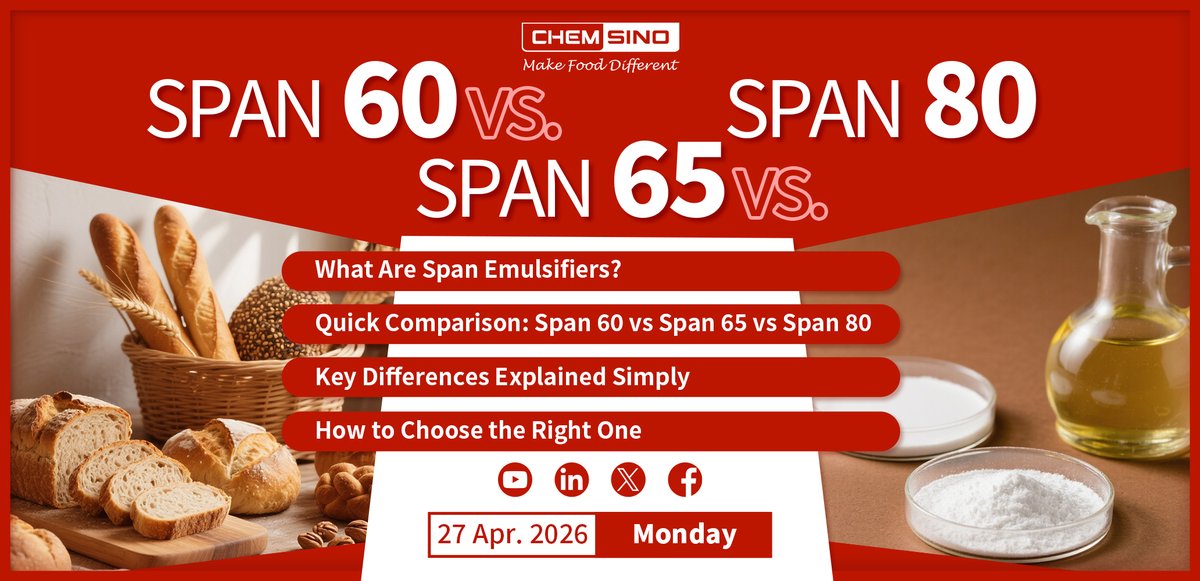ChemsinoGlobal's tweet photo. #Foodscience: Span 60 vs Span 65 vs Span 80, What is the Difference? 

Span 60, Span 65, and Span 80 look similar at first glance. In reality, they behave quite differently in formulations. 
#Span60 #Span65 #Span80 #FoodEmulsifier 

Link👉https://t.co/2KDwpeyl90 https://t.co/BH6p64bhUg