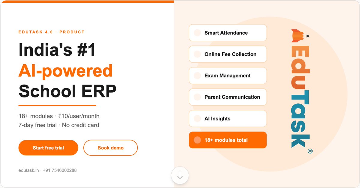 myedutask's tweet photo. Introducing EduTask 4.0 — India’s AI-powered school ERP 

✓ Smart attendance (auto parent alerts)
✓ Online fees + instant receipts
✓ Exams &amp; results made easy
✓ Parent communication portal
✓ AI-powered insights

🎯 7-day free trial | No credit card

#EduTask #SchoolERP https://t.co/e8N7RTq1l4