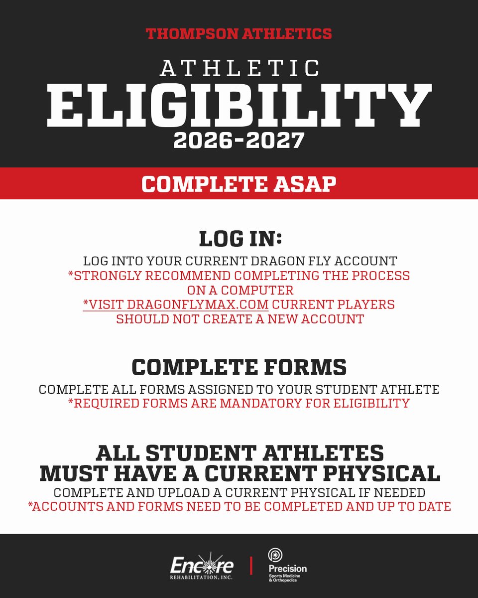 athletics_ths's tweet photo. 🚨 2026/ 27 Eligibility Alert🚨
 We have begun the 26/27 eligibility process. Physicals are Friday 5/1. School eligibility docs &amp; physical forms r available in DragonFly. Complete available school forms before 5/1/26. Updated ASHAA eligibility forms will be available June 1 https://t.co/acpTNg9h6X
