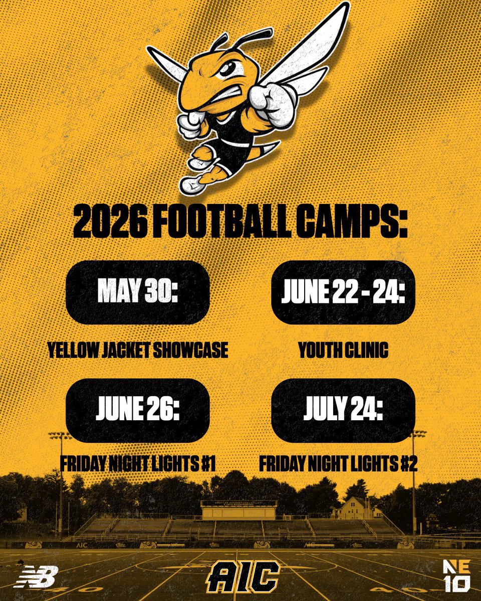 CoachAjLocke's tweet image. Recruits, Just One Month Away, From The “Yellow Jacket Showcase”!🐝

Registration 🔗: shorturl.at/fPgJk

Will You Be Next??👀👀
#CampSZN 

@AICFootball (D2) (NE-10) 

#GoJackets🐝 | #BuidlingBetter