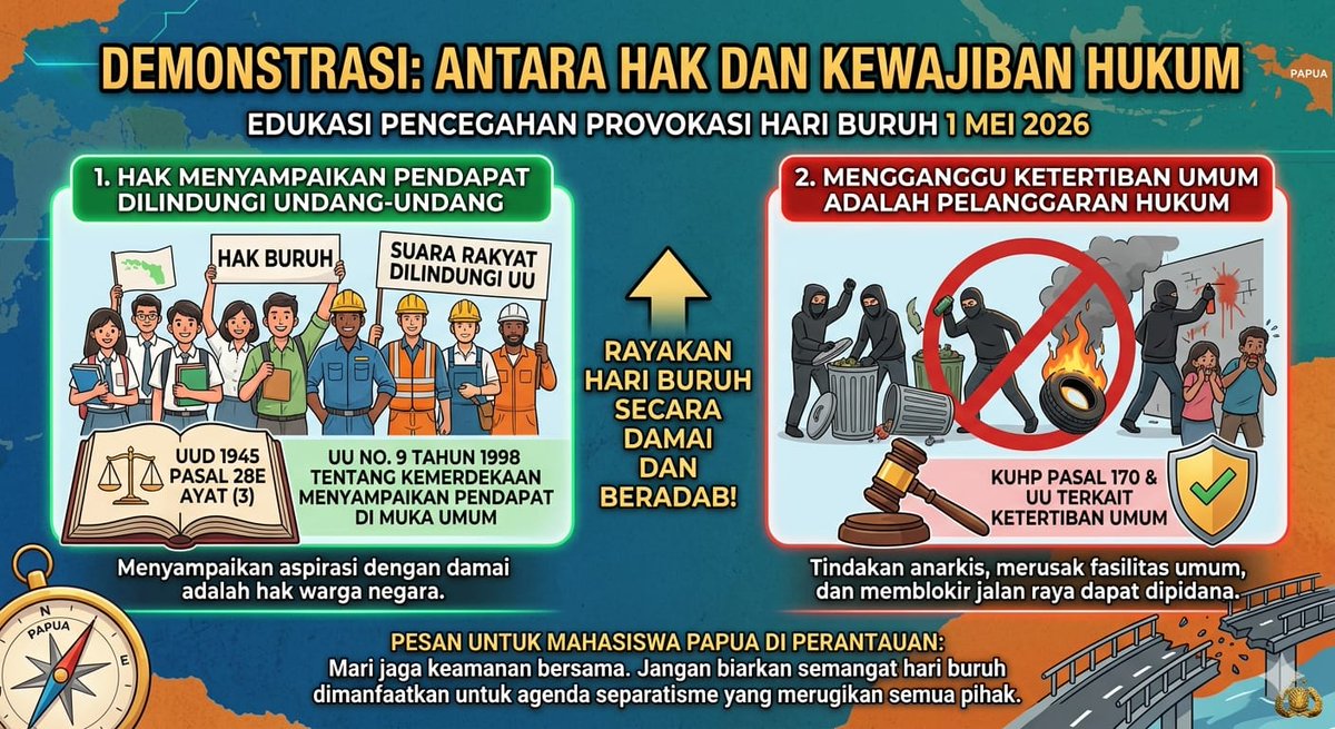 cutsarah's tweet image. Edukasi pencegahan provokasi Hari Buruh;
- Menyampaikan aspirasi dengan damai dilindungi UU 
- Mengganggu ketertiban umum adalah pelanggaran hukum
Pesan untuk mahasiswa Papua, jaga keamanan bersama, rayakan Hari Buruh dengan damai dan beradab. #HariBuruh #PapuaNKRI #Indonesia