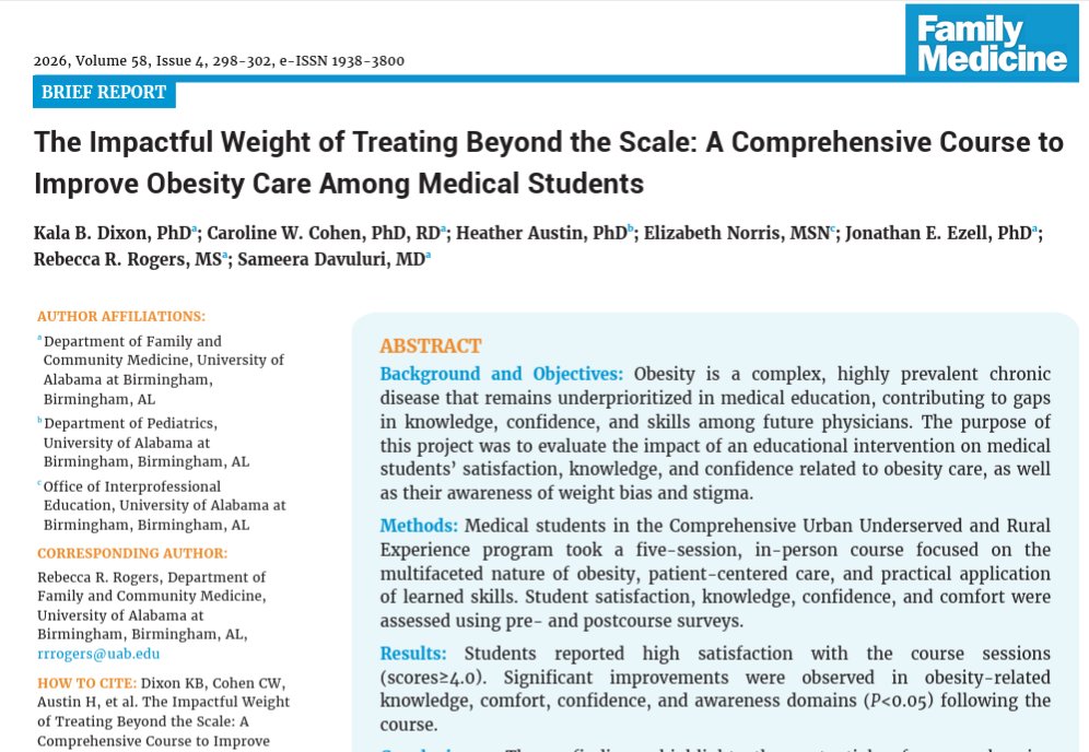 fammedjournal's tweet photo. This study highlights the potential of comprehensive obesity education to improve medical students’ knowledge, confidence, and awareness related to obesity care, including weight bias and patient-centered communication.:
https://t.co/tb2uVXA3m6 https://t.co/RwFqBIKCum