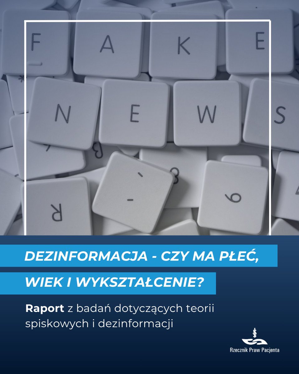 RzeczPacjenta's tweet photo. Nieprawdziwe informacje i teorie spiskowe na stałe wpisały się w krajobraz współczesnej infosfery. Szczególnie groźna jest dezinformacja medyczna, która może realnie zagrażać zdrowiu i życiu pacjentów.
27 kwietnia odbyła się premiera raportu @NASK_pl  „Paradoks spiskowy. O lęku przed innymi, potrzebie silnego państwa i podatności na narracje dezinformacyjne”.
Z publikacji dowiemy się, kto jest najbardziej podatny na dezinformację i jak można jej przeciwdziałać. Edukacja o zagrożeniu dezinformacją medyczną pomaga chronić pacjentów przed poważnymi nadużyciami.
Więcej 📷 https://t.co/QsH9PCMBMr