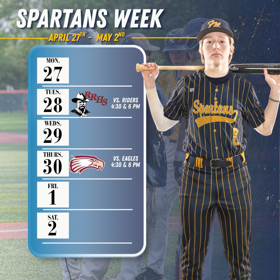FNHbaseball's tweet photo. Spartans Week - April 27th to May 2nd

Tues. 28th | At GF Red River | 4:30 &amp; 6
Thurs. 29th | vs. Fargo Davies | 4:30 &amp; 6

#OnwardNorth https://t.co/A5Y6PgVwfx