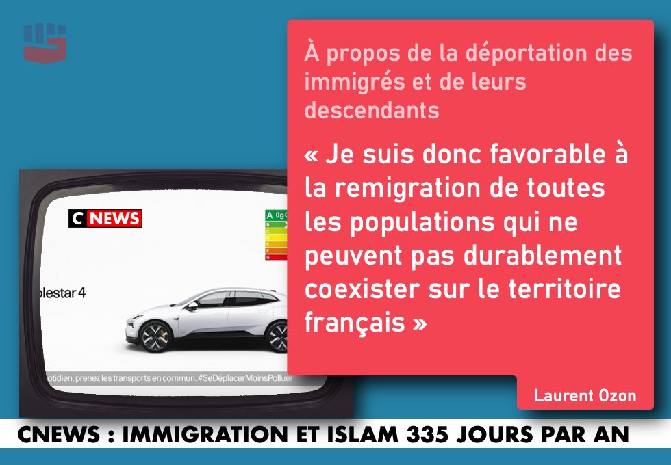 slpng_giants_fr's tweet photo. Dear team @PolestarCars,

do you consider that advertising on a tv channel which talks negatively about Muslims and immigration 335 days a year might be detrimental to your #BrandSafety?!

If so, you might want to reconsider placing your 🇫🇷 ads on #Cnews.
Pls don't finance hate. https://t.co/2f7ghVhPKG