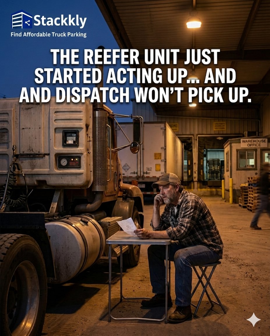 stackkly's tweet photo. You know that sinking feeling when your reefer unit acts up right after dispatch goes offline for the night? 🤦‍♂️ It’s a moment of total isolation, especially after a long shift. We get it. These real-world stresses are exactly why we built https://t.co/5sb3ATr7y8 #TruckParking https://t.co/gaox6DaOey