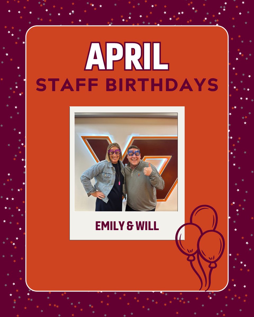 VT_SAASS's tweet photo. A big shoutout to our SAASS April birthdays 🥳 Make sure to wish them a happy birthday on their special day! 

Will - April 27
Emily - April 29 https://t.co/V6oLari3B8