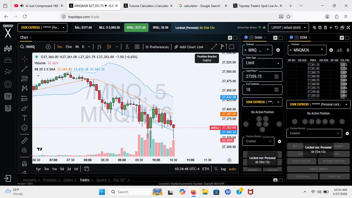 Trader1Zack's tweet photo. I am up 377 in the @Topstep XFA. I probably shouldnt have taken the short, because my plan is going long at 1800. I just set the lockout settings to 1 trade a day. lol https://t.co/UXs3JqXo1t