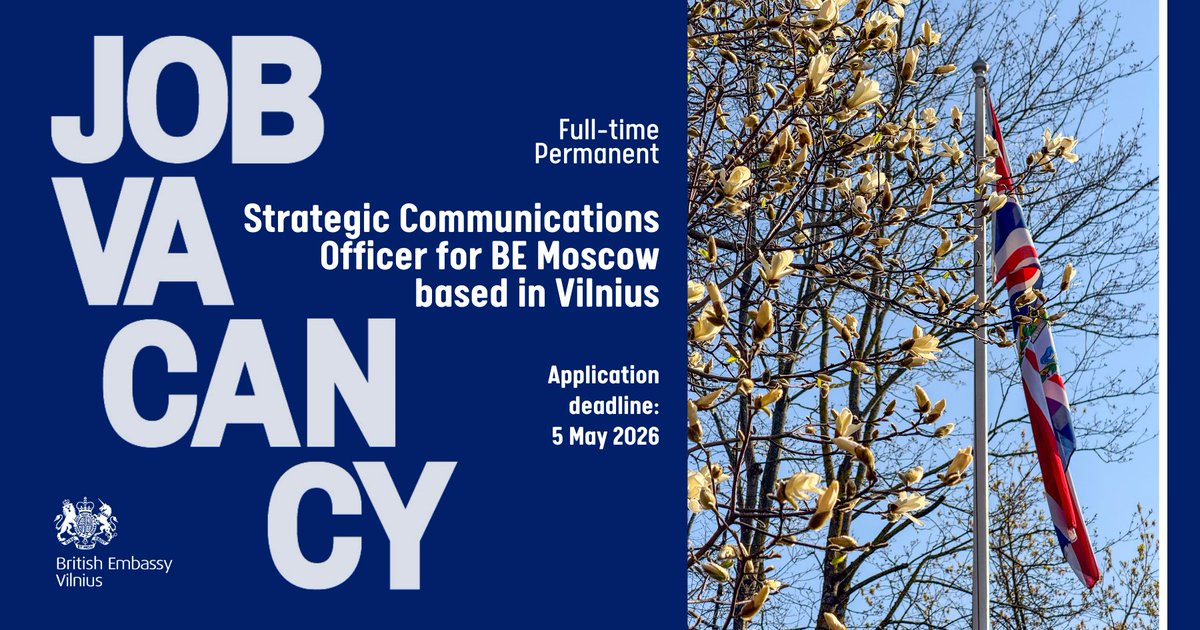 ukinlithuania's tweet image. Job vacancy! An opportunity has arisen for a Strategic Communications Officer as part of the @ukinrussia Communications team based in #Vilnius. This is a full-time permanent role. Apply by 5 May, 2025. 

More information: fco.tal.net/vx/appcentre-e…

#UKinLT