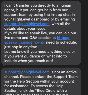 TheAaronAM's tweet photo. @gohighlevel support is laughable.

"Email support@"

Oh wait, support@ isn't active https://t.co/bZoPzwfQza
