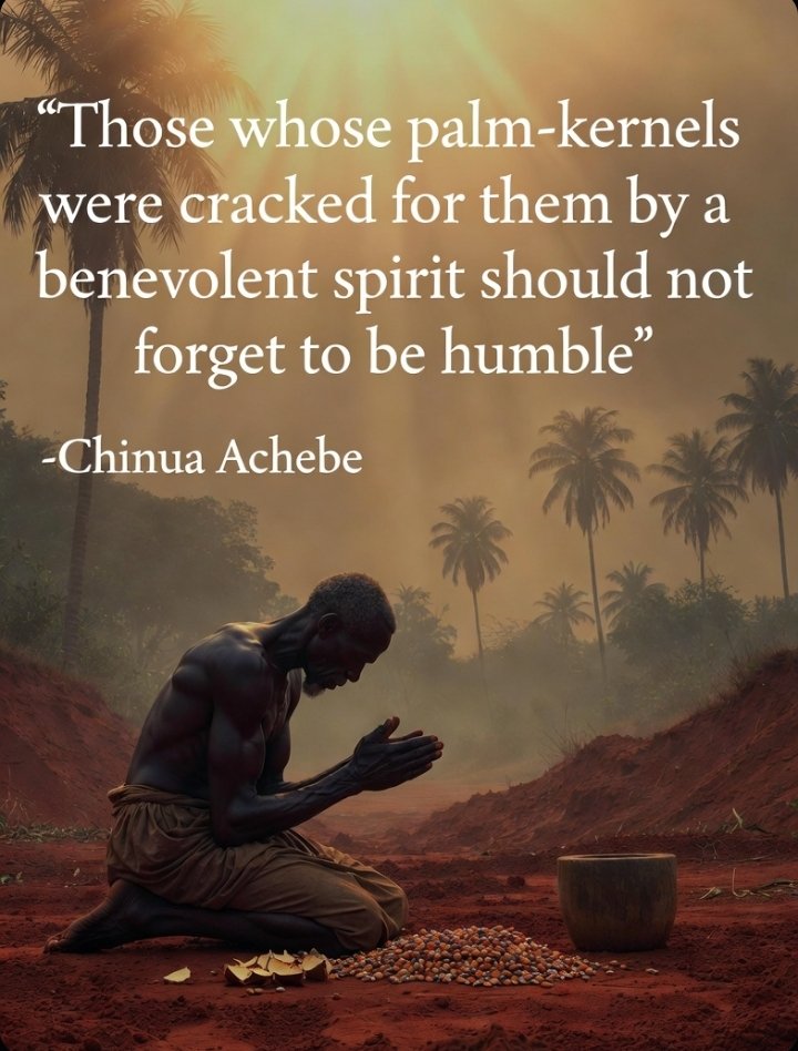A photographic image of a proverb by Chinua Achebe.

He who the gods has helped shouldn't think that others are lazy.

Be humble and be of help to your fellow man and not being arrogant.