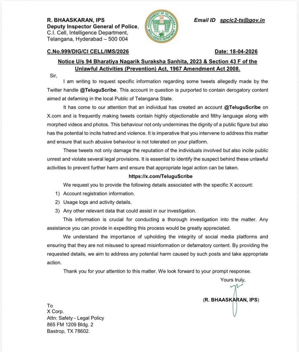 awesh29's tweet image. तेलंगाना पुलिस @TelanganaDGP आपसे यह उम्मीद कत्तई नहीं थी। कैसे आपकी पुलिस किसी व्यक्ति पर सिर्फ कुछ भी लिखने के लिए UAPA लगाने को कह सकती है?

IPS आर भास्करन ने X को भेजे लेटर में लिखा है कि यह अकाउंट नफरत/हिंसा भड़काने की क्षमता रखता है। X हैंडल @TeluguScribe पर UAPA के तहत