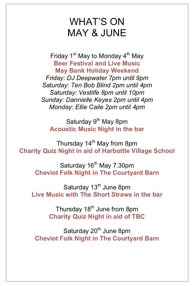 TheStarInnHbtle's tweet image. Here are some dates for the diary for May and June. See you soon! #whatson #pub #northumberland #music
