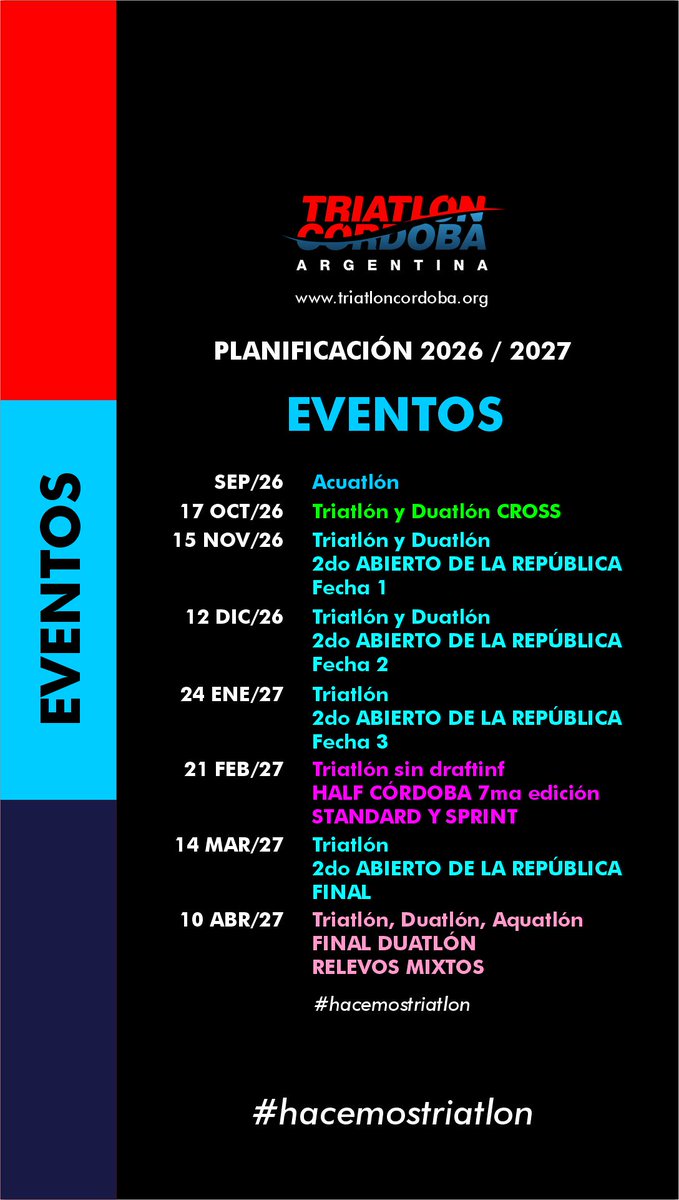 triatloncba's tweet photo. PLANIFICACIÓN 2026/2027

El TRIATLON DE CÓRDOBA presenta su planificación incluyendo TODAS LAS ACCIONES Y EVENTOS hasta abril de 2027.

INICIO DE INSCRIPCIONES A LAS FECHAS DE TODA LA Próxima TEMPORADA EL 12 DE AGOSTO DE 2026.

#hacemostriatlon https://t.co/muhnCx5NBP