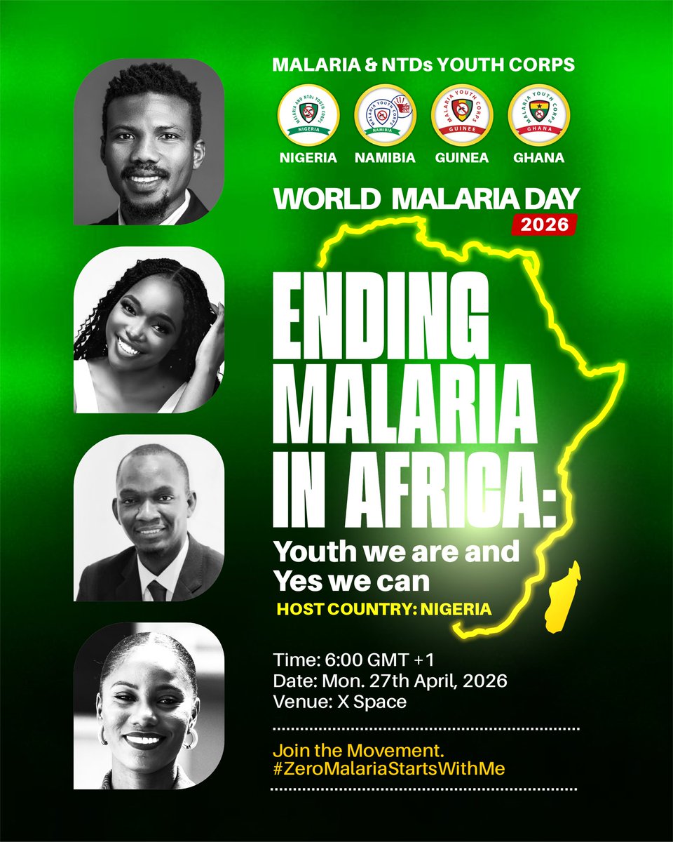 YouthCorpsNam's tweet photo. Join us for a timely collaborative conversation with youth corps representatives from Nigeria, Guinea and Ghana.

We’ll be dissecting the Malaria situation on the continent, assessing progress and opportunities for growth &amp; collaboration. And most importantly, the role of youth! https://t.co/ajAPN6Mwf2