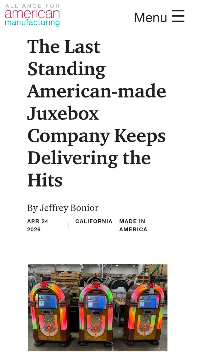 KeepitMadeinUSA's tweet image. 🎶 Still spinning. Still Made in USA 🇺🇸

Rock-Ola, founded in 1927, is the last American-made jukebox company and still building classics in California.

Nearly 100 years later, the hits keep coming! 

Read more: link in the thread--&amp;gt;

#Manufacturing #MadeInUSA