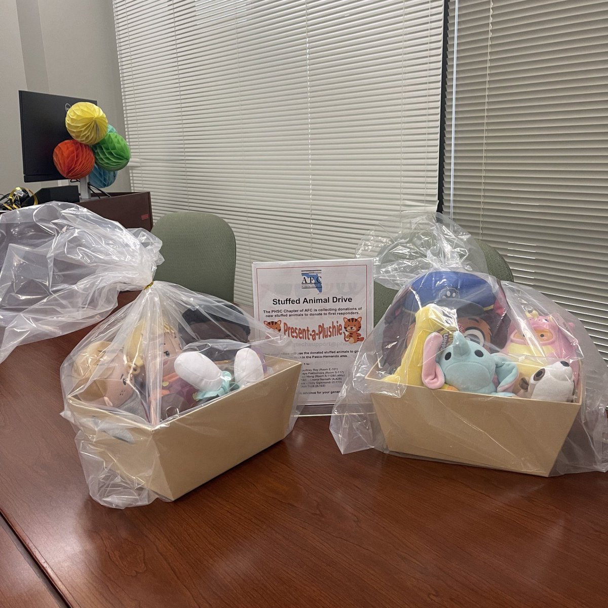 PHSC_AFC's tweet photo. So many plushies, so little time! 
Don't forget to donate a furry, fluffy friend to our Present-A-Plushie Stuffed Animal Drive by this Friday, May 1! 
#Checkout the adorable baskets West Campus received from AFC Member, Rachel! 
#stuffedanimals @PHSCedu @myafchome https://t.co/T5yedb8OHb