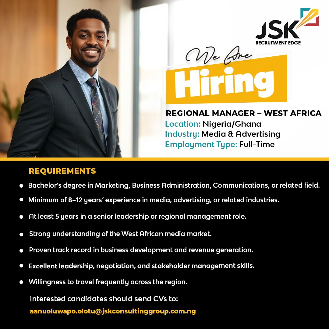 JSKConsulting's tweet image. Interested candidates should send CVs to aanuoluwapo.olotu@jskconsultinggroup.com.ng

#JSKConsultinggroup #RegionalManager #manager #management #business #leadership #marketing #success #team #work #job #managers #training #sales #jobs #hr #leader #hiring #entrepreneur