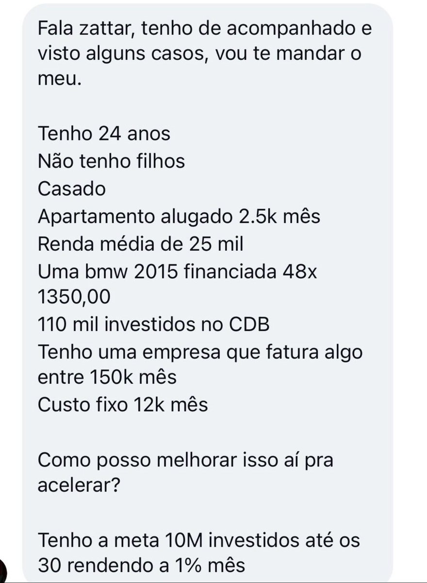 ZattarRafael's tweet photo. #ZFlix
24 anos, renda de R$25k/mês.
Empresa faturando R$150k/mês, custo fixo de R$12k.
R$110k investidos, BMW financiada, aluguel de R$2,5k.
Quer chegar em R$10M até os 30.
O que vc faria no lugar dele? https://t.co/5XKs7KLqOd