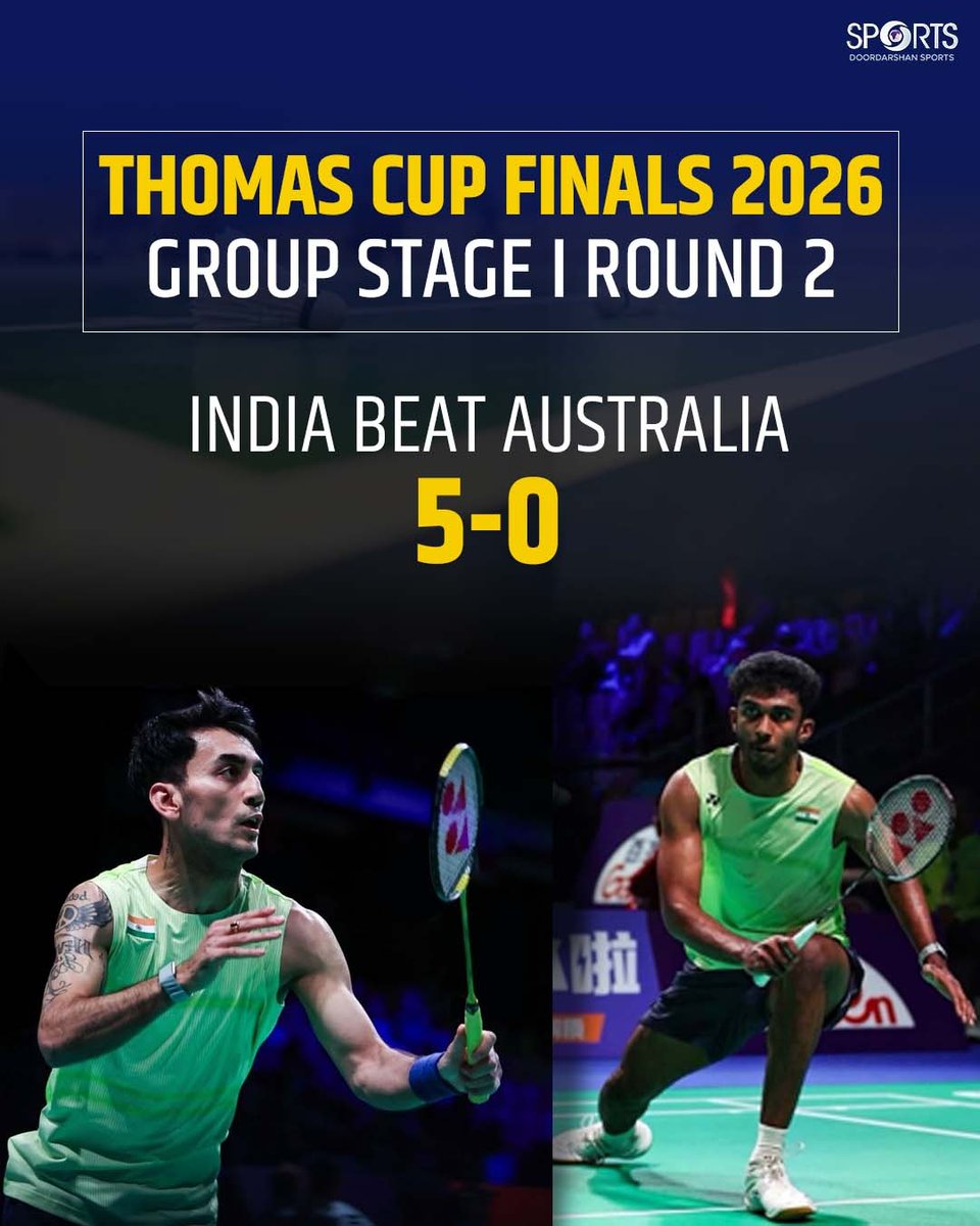 ddsportschannel's tweet image. Total domination on court 🔥

5 matches, 5 wins.

A flawless display in Round 2 of the Thomas Cup Finals 2026.

#ThomasCup #Badminton #GameOn #WinningRun #StraightGames

@Media_SAI @BAI_Media @IndiaSports