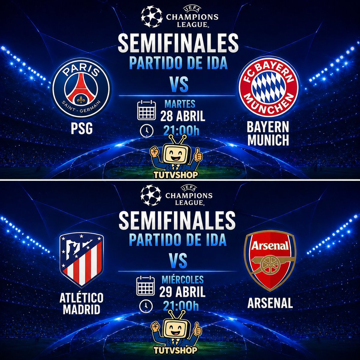 TUTEUVESHOPES's tweet photo. Está semana tenemos la IDA de Semifinales de #Championsleague. Tenemos a 1 equipo español entre los 4 mejores equipos de Europa este año. El #AtleticodeMadrid

MARTES
PSG 🆚 BAYERN

MIÉRCOLES 
ATLÉTICO 🆚 ARSENAL

TODO EL FÚTBOL EN #TUTVSHOP https://t.co/wMGO6H0Xo4