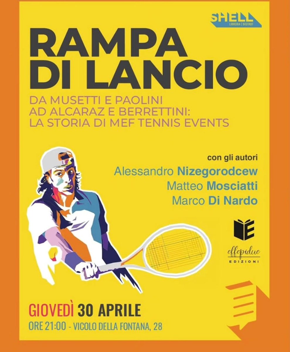 MarcoDiNardo__'s tweet photo. Per chi volesse, giovedì 30 alle ore 21, con @Alenize82, @matmosciatti11 e tanti altri saremo alla Libreria Shell per presentare il nostro Rampa di lancio. Da Musetti e Paolini ad Alcaraz e Berrettini: la storia di MEF Tennis Events. Effepidue Edizioni mi dice che vi aspetta! https://t.co/7BqXMRW0Qo