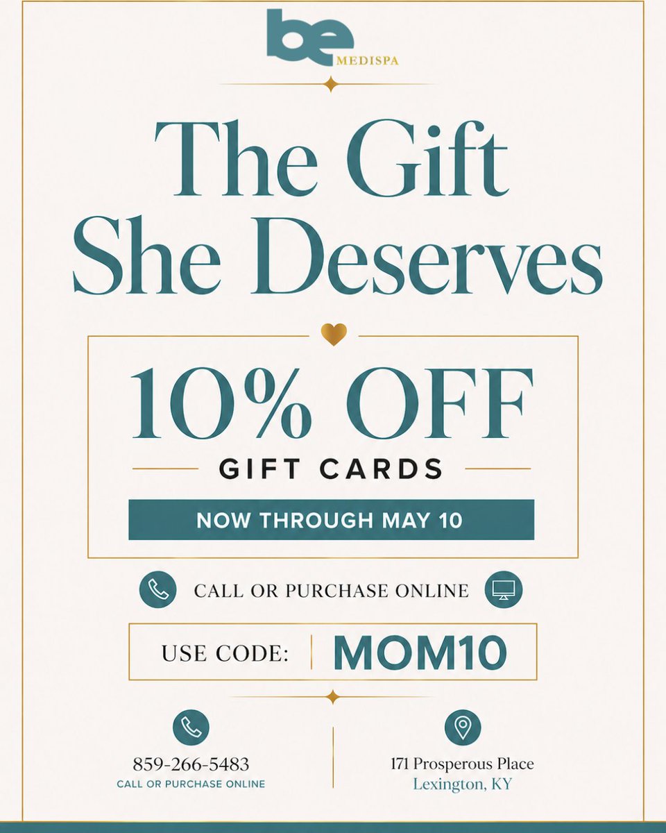 bemedispa's tweet photo. The gift she deserves. 🤍

This Mother’s Day, give her something she’ll genuinely love.

Enjoy 10% off gift cards NOW through May 10, 2026. Use code MOM10 at checkout.

Purchase online: https://t.co/efu4EmKffG or call 859-266-5483.

Limit 2 per transaction https://t.co/ViumZlYLpq