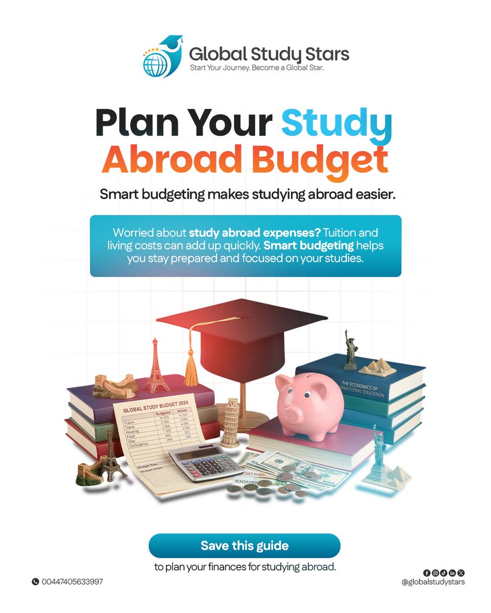 stars_study's tweet image. Planning to study abroad? 🌍
Smart budgeting helps you manage tuition &amp;amp; living costs with confidence. Stay prepared, stay focused, and achieve your goals.
📌 Save this guide &amp;amp; start planning today!
#StudyAbroad #SmartBudgeting #StudentLife