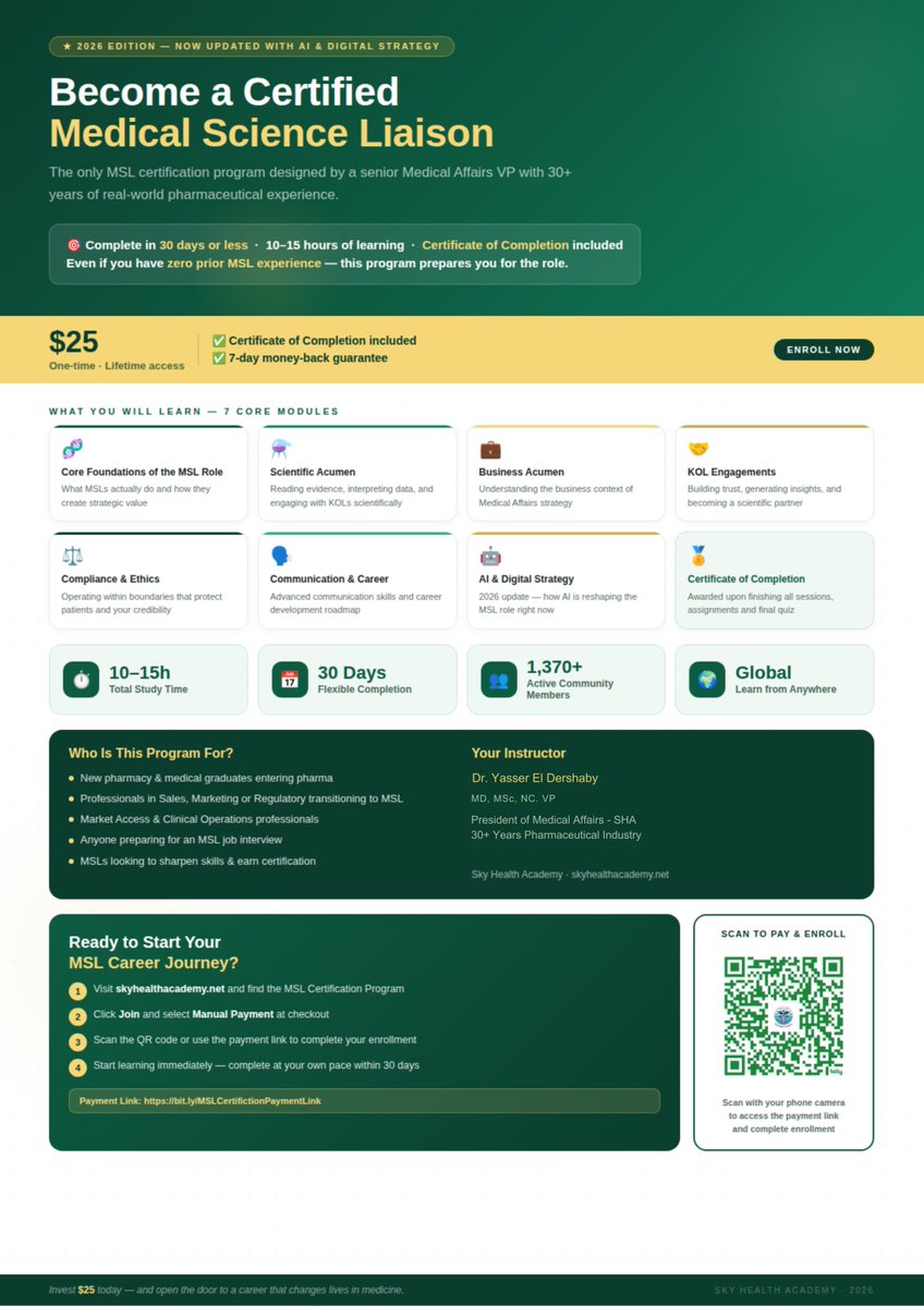 HealthSkyAcad's tweet image. Breaking into Medical Affairs as an MSL?

7 modules. Certificate included. AI &amp;amp; strategy 
updated for 2026. Complete in 30 days

🔗 bit.ly/MSL-Certificat…

#MSL #MedicalAffairs #Pharma