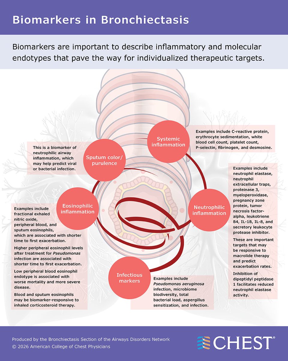 Biomarkers are important to describe inflammatory and molecular endotypes that pave the way for individualized therapeutic targets. This infographic from the CHEST Airways Disorders Network outlines biomarkers in bronchiectasis. 

Learn more: hubs.la/Q04drF8W0