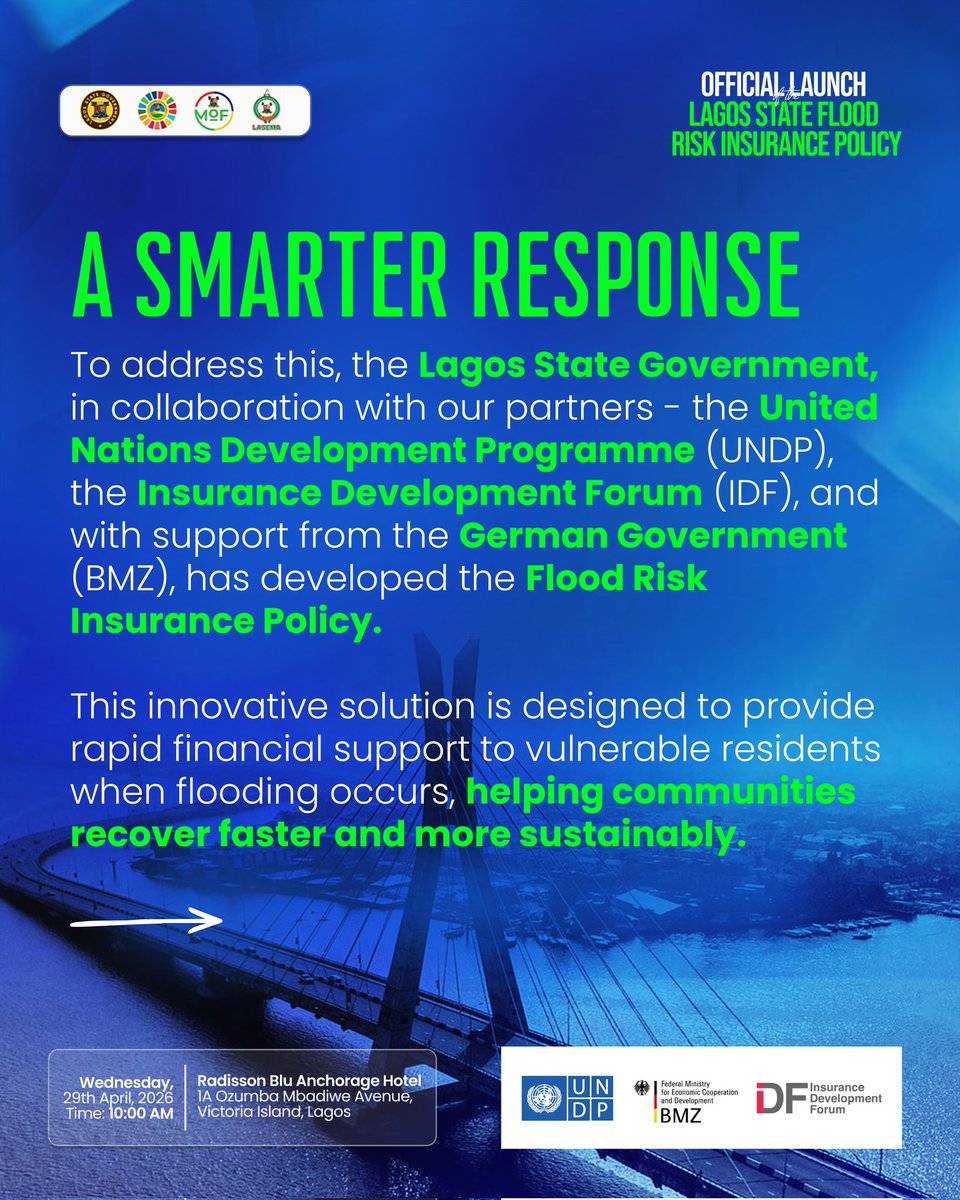 Oreoluwa_Finnih's tweet photo. Wondering what the Lagos State Flood Risk Insurance Policy is all about? Your questions are now answered.

This policy is set to provide timely financial protection, safeguard livelihoods, and strengthen resilience against the impact of flooding across our state.

So, join us for the official launch on Wednesday, 29th April 2026, at 10:00 AM, at Radisson Blu Anchorage Hotel, Victoria Island as we take a bold step towards a more secure and resilient Lagos.

#OreoluwaFinnih #SustainableDevelopment #OSDG #FloodRiskInsurance #SustainableCities