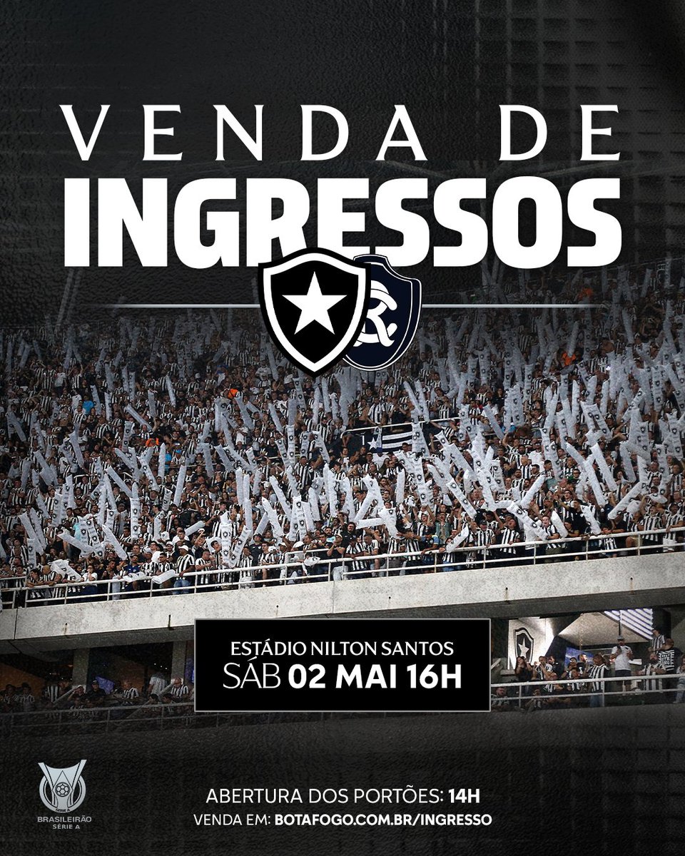 Vendas gerais abertas para Botafogo X Remo no Nilton Santos, neste sábado, pelo Campeonato Brasileiro, Fogão! 🌟 #VamosBOTAFOGO

🎫 Entradas disponíveis em botafogo.com.br/ingresso

7️⃣ Assine seu novo plano em camisa7.botafogo.com.br e garanta seu benefício!
