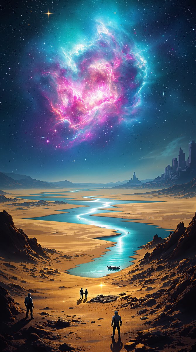 wallpaper_fm's tweet image. Under cosmic colors, explorers traced memories along a path etched by starlit rivers.

#Wallpapers #Wallpapers4k #CosmicJourney #StarlitPath #Exploration #Celestial #SciFiArt