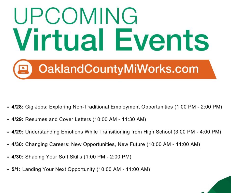 OaklandMIWorks's tweet image. Each week, #OaklandCounty Michigan Works! career advisors and #Oakland80 career and education navigators host a virtual career workshop series, allowing you to gain helpful job-search insights and post-secondary support from your home. RSVP today at tinyurl.com/mtxb567r.