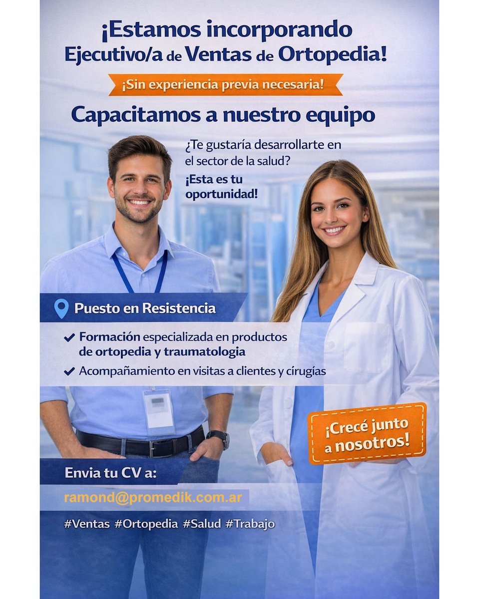 tneaar's tweet image. ⚫🔴 #Resistencia Empresa del sector salud incorpora #EJECUTIVO de #VENTAS de #ORTOPEDIA

👉Enviar CV a: 📧ramond@promedik.com.ar indicando en el asunto: Ejecutivo de ventas - Resistencia

#TNEA #Chaco #empleoar #trabajoar