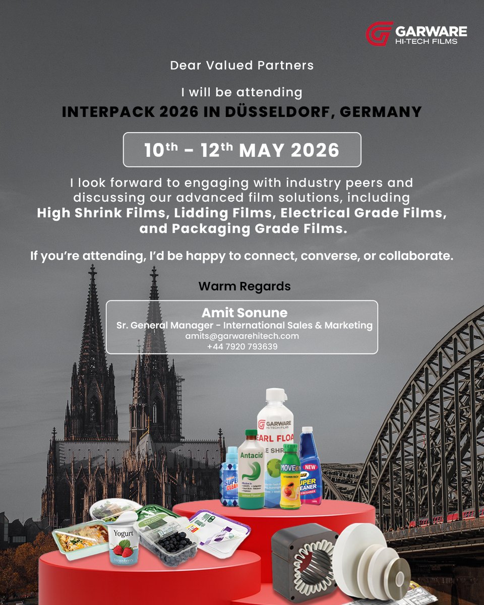 garwarehitech's tweet photo. Garware Hi-Tech Films will attend INTERPACK 2026 in DΓΌsseldorf, Germany.
We look forward to engaging in conversations that drive insight, innovation, and collaboration.
#GarwareHiTechFilms #INTERPACK2026 #IndustryConnect #PackagingIndustry #FilmSolutions https://t.co/VIulChk3ge
