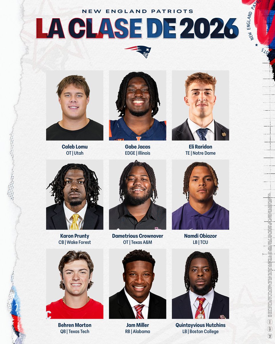 ¡Aquí están los nuevos Patriots que llegaron en el NFL Draft 2026! 👏🥳

El futuro es brillante para estos hombres. 🚀