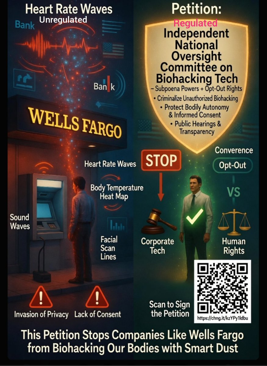 bioatenna2593's tweet image. DoD's Smart dust at #WellsFargo ATMs? Not on our watch❗️ 
Our petition creates an Independent National Oversight Committee w/ subpoena powers to regulate biohacking tech #RegulateDoD &amp;amp; protect your body, Opt-out rights + criminal penalties

Sign + Share→ chng.it/GMbLtSS6G4