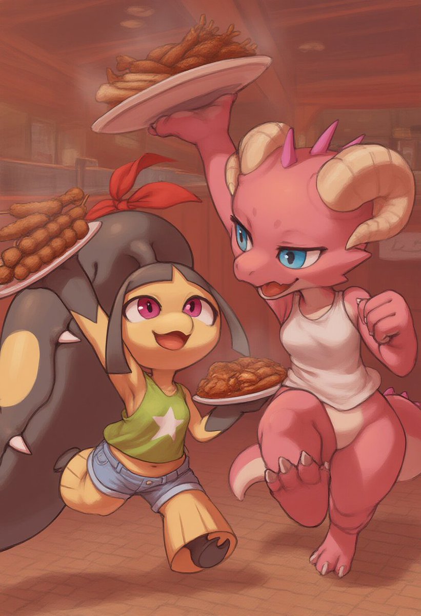 UraApul_AI's tweet photo. Congratulations on your first 1,000 and many more to come. 🎉 

Perfume the Kobold, and Mawlly the Mawile is taking advantage of the all you can eat buffet in the cruise's restaurant.

#AIart #Furry #Scali #Anthro #Mawile #Kobold https://t.co/swxGxoRZrl