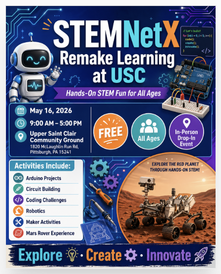 annavblake's tweet photo. Come see this incredible Remake Learning Day Event centered on hands-on STEM experiences for kids of all ages. I'm bringing my niece and nephew to try out Arduinos at the Upper Saint Clair Community Ground. See you there X friends! #RemakeDaysSWPA #RemakeDays @RemakeDays https://t.co/Zh1rpZof7J