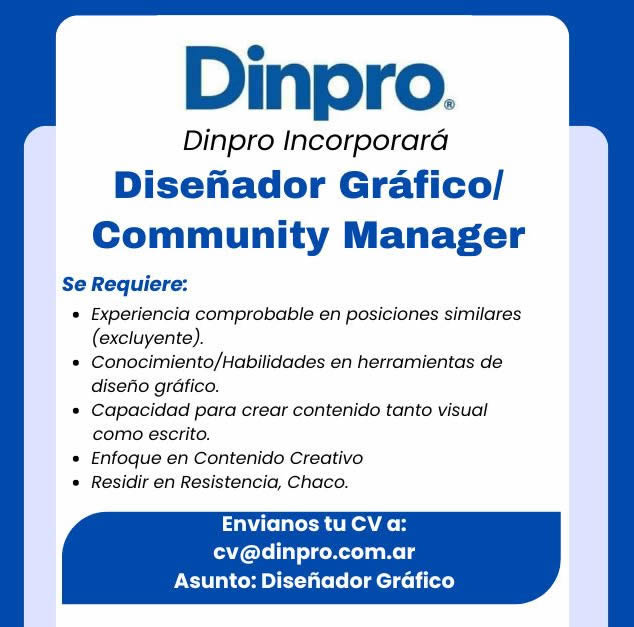 tneaar's tweet image. ⚫🔴 #Resistencia - Dinpro busca #DISEÑADOR #GRÁFICO/ #COMMUNITY #MANAGER

👉Enviar CV a: 📧cv@dinpro.com.ar indicando en el asunto: Diseñador Gráfico

#TNEA #Chaco #empleoar #trabajoar