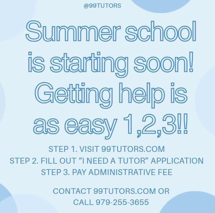 99Tutorsdotcom's tweet image. Summer school is here! ☀️📚
Get ahead with 99Tutors.com—online or in-person tutoring for every course at A&amp;amp;M, UT, Blinn, ACC, UTSA, TXST, Lamar, and SHSU! 💪
📩 Contact  or call 979-255-3655 to book.

#Tutoring #99Tutors #SummerSchool