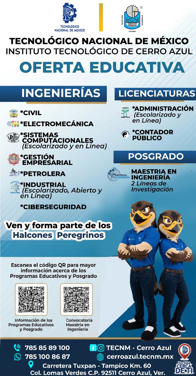 TecNM_MX's tweet photo. #TecNMCercaDeTi
Ya puedes iniciar tu proceso de admisión 2026 en el #TecNM – Cerro Azul.

Sé parte de su #ComunidadTecNM e inicia tu formación profesional en alguna de sus ingenierías, escolarizada, en línea o con #TecNMVirtual.

Más información 👉 https://t.co/SuF6XkQASy https://t.co/RImIVsDYsq