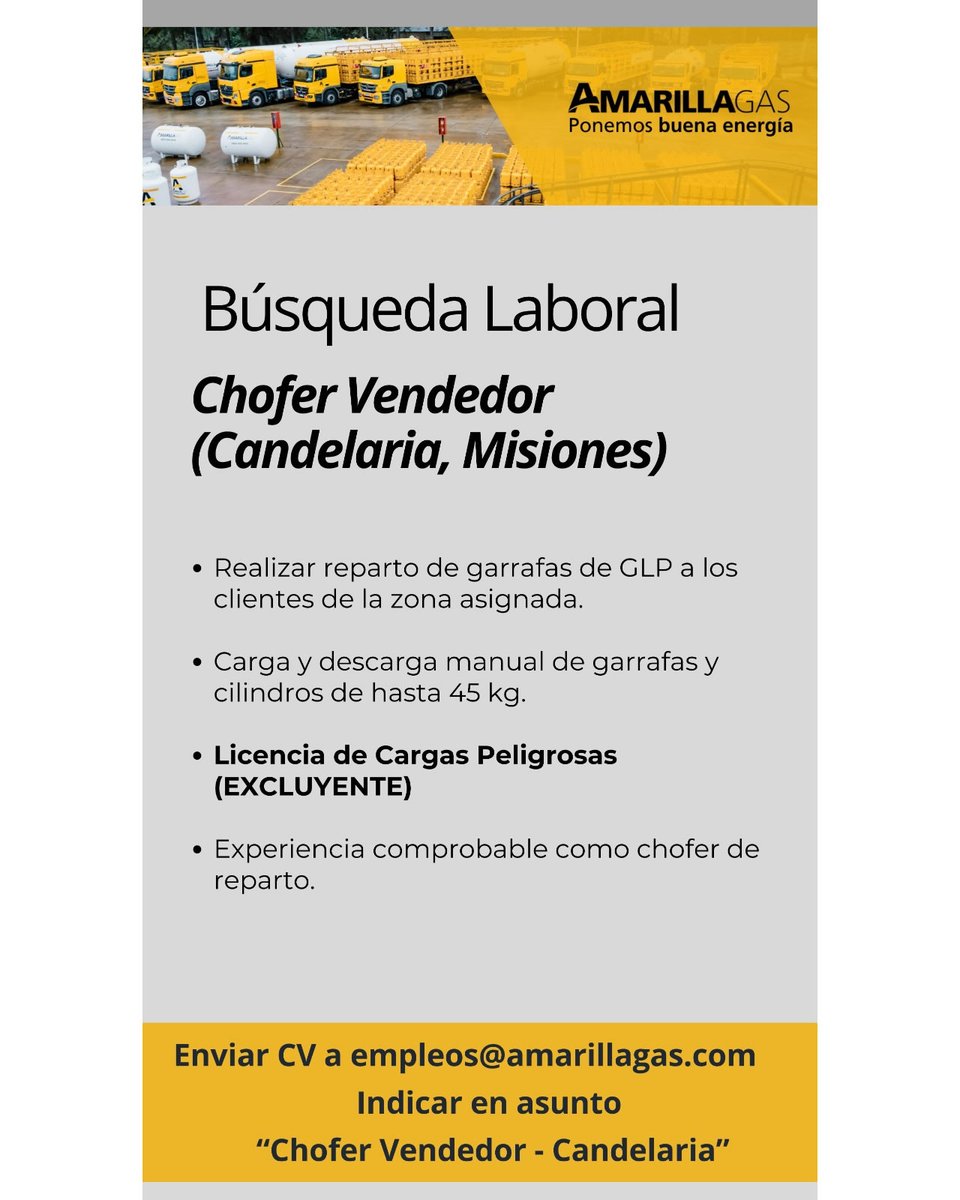 tneaar's tweet image. ⚫🟡 #Candelaria (Misiones)] AmarillaGas busca #CHOFER #VENDEDOR

👉Enviá tu CV a: 📧empleos@amarillagas.com indicar en el asunto "Chofer vendedor - Candelaria"

#TNEA #Misiones #empleoar #trabajoar