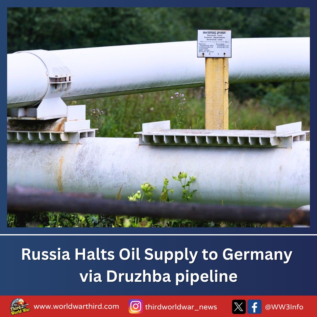 WW3Info's tweet image. #WWIII: #Russia has halted #fuel supplies to #Germany via #DruzhbaPipeline, Energy Minister Alexander Novak said. The route carried Kazakh crude through Russia to Germany, with the suspension following Ukrainian attacks on Russian oil terminals, a move Kazakhstan also confirmed.