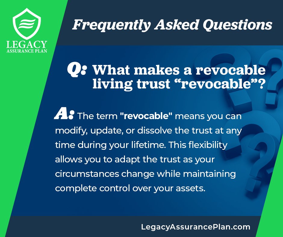 What makes a trust "revocable?"
YOU stay in control! Modify, update, or dissolve it anytime as your life changes. 
Ready to see if a revocable living trust is right for you? Check the comments to learn more!
#RevocableLivingTrust #LegacyAssurancePlan