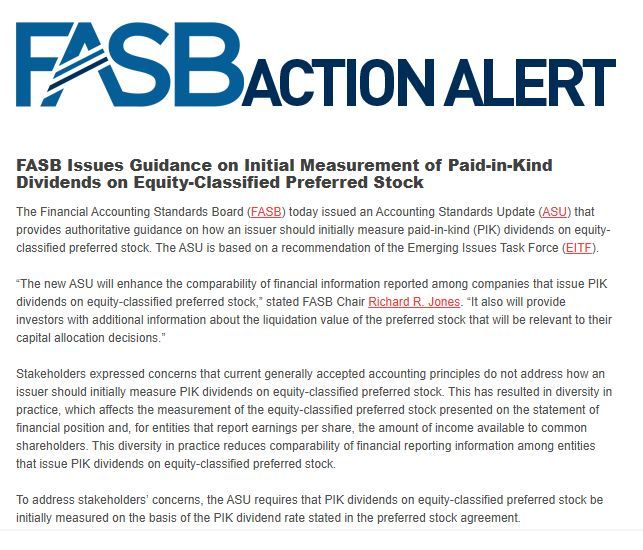 Financialnewswk's tweet photo. FASB Issues Guidance on Initial Measurement of Paid-in-Kind Dividends on Equity-Classified Preferred Stock https://t.co/RnNxle9zsJ #FASB #GAAP #stockdividends https://t.co/SSp5tLLdQf