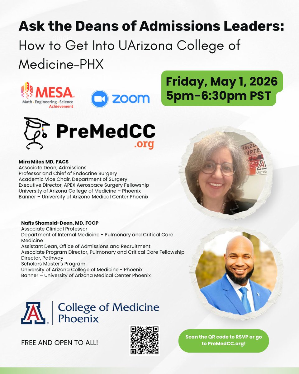 PreMedCC's tweet image. Want real admissions advice from the people making the decisions? 🔥

Join admissions leaders from UArizona College of Medicine–Phoenix to learn how to get in and stand out.

Fri, May 1, 2026 | 5–6:30pm PST | Zoom | FREE
RSVP: PreMedCC.org 

#PreMed #UofAPHX